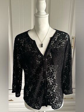New York & Company Ladies Medium Black Lace Button-Front Women’s Top